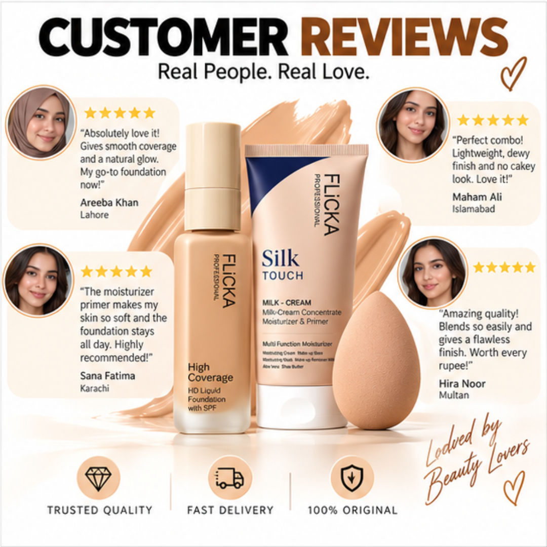 Deal of Dewy FLICKA Foundation + Flicka Silk Primer  & FREE Blender – High Coverage, Flawless Smooth base - Best for all skin types