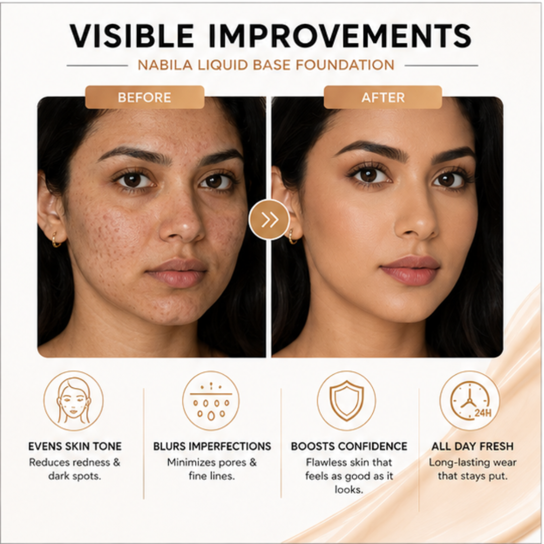 Nabila Liquid Base Foundation – Flawless Coverage, Naturally You – Full Coverage, Lightweight Comfort & Long Wear Formula – Evens, Perfects & Enhances – SPF 15 Protection