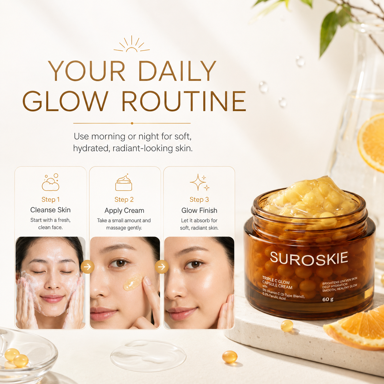 SUROSKIE Triple C Glow Capsule Cream | Brightens Uneven Skin | Deep Hydration | Healthy Radiant Glow