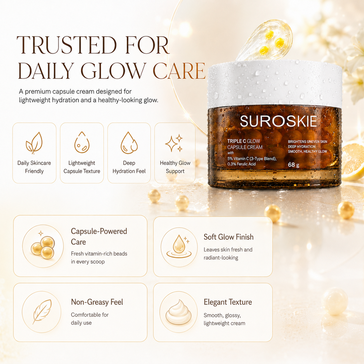 SUROSKIE Triple C Glow Capsule Cream | Brightens Uneven Skin | Deep Hydration | Healthy Radiant Glow