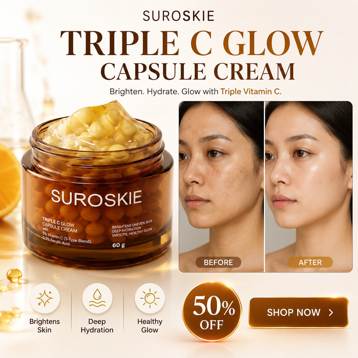 SUROSKIE Triple C Glow Capsule Cream | Brightens Uneven Skin | Deep Hydration | Healthy Radiant Glow