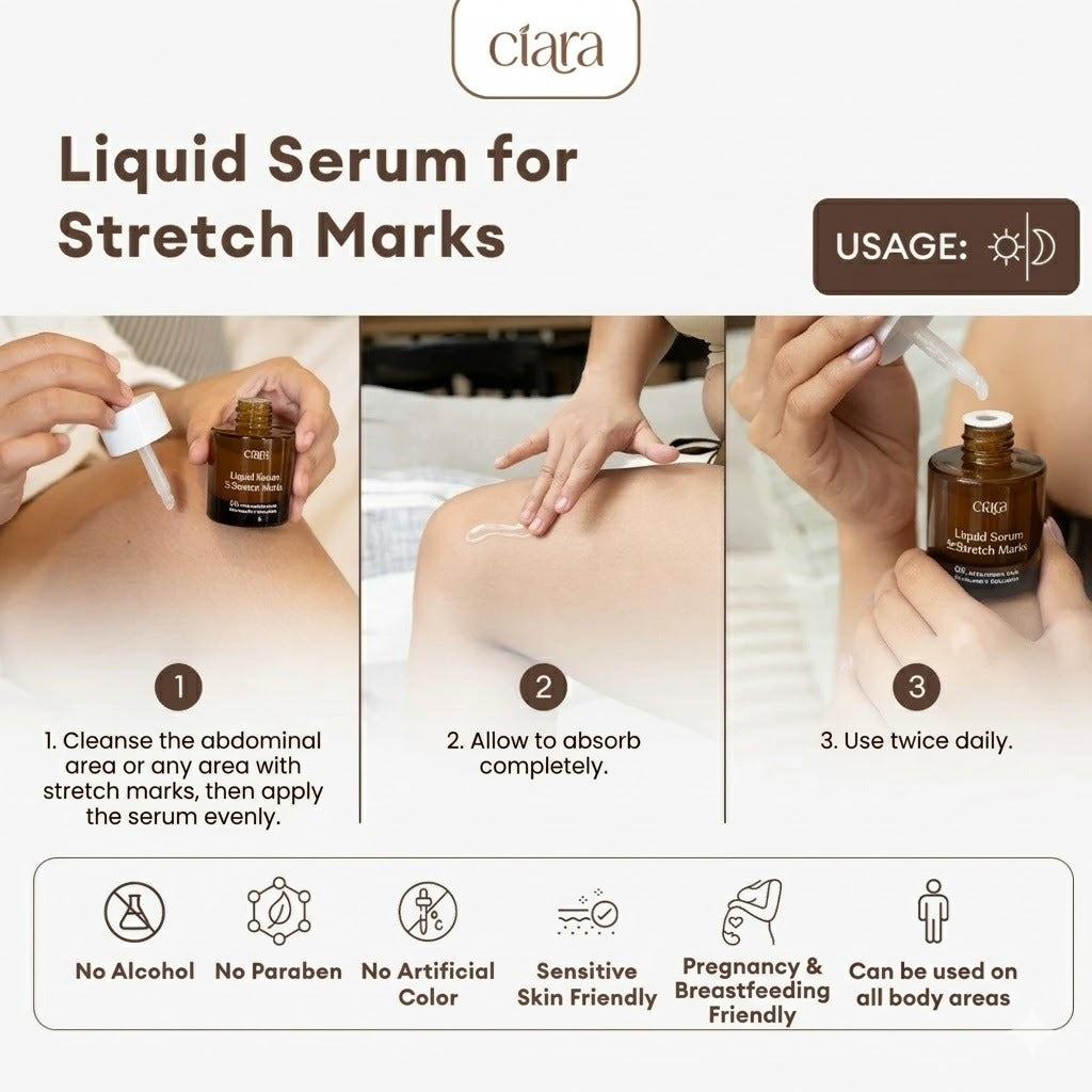 Ciara Liquid Serum for Stretch Marks | 6X Hyaluronic Acid + Squalane + Collagen | Fades Stretch Marks, Boosts Elasticity & Deep Skin Repair