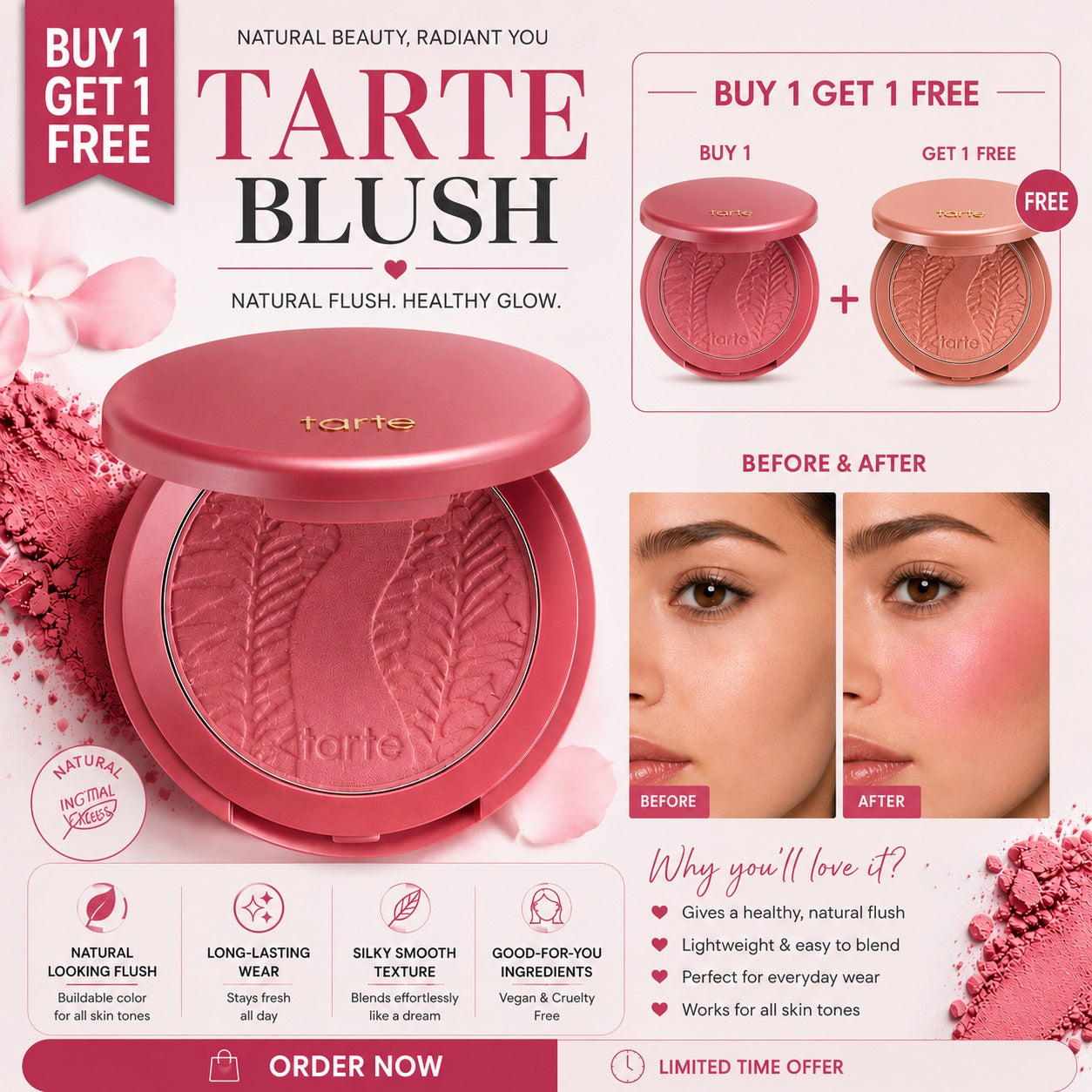 Tarte Blush – Natural Flush, Healthy Glow – Silky Smooth, Buildable Color & Long-Lasting Wear – Natural-Looking Flush, Blends Effortlessly – Vegan, Cruelty-Free & Paraben-Free